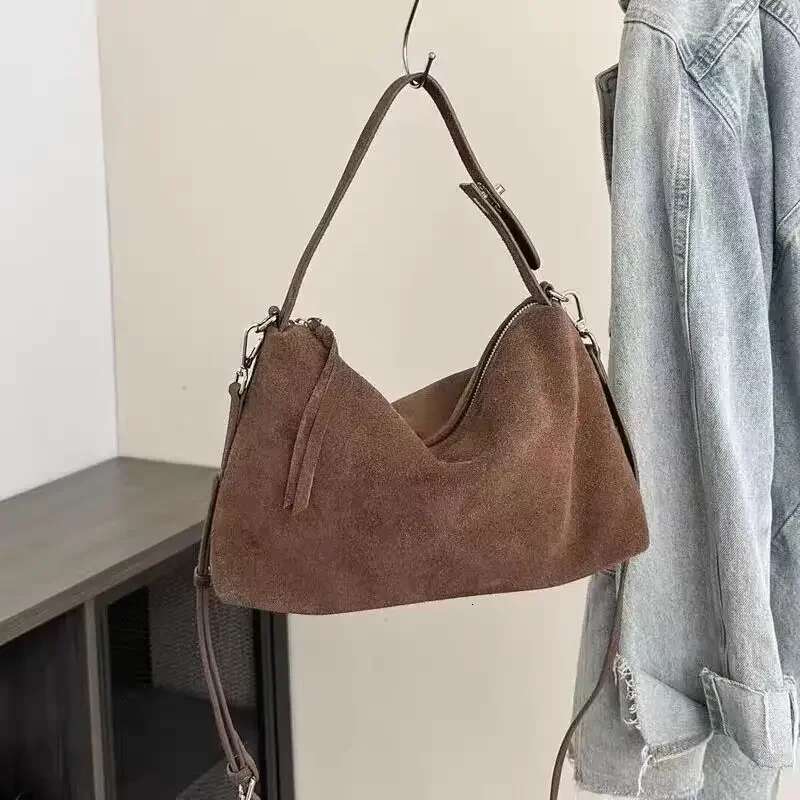 Simple Autumn Winter Colletion Grey Brown Roomy Big Boston Tote Soft Matte Suede Cow Leather Women's Handbag Shoulder Bag