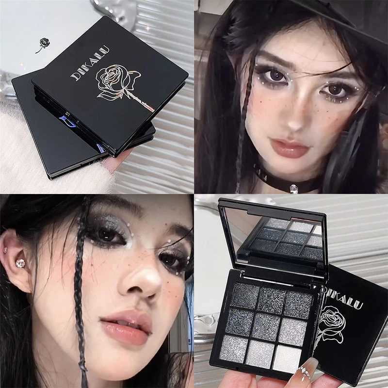 9-color full flash eye shadow palette black gray silver shimmer smoke punk eye shadow palette makeup halloween eye shadow pigmentW241212