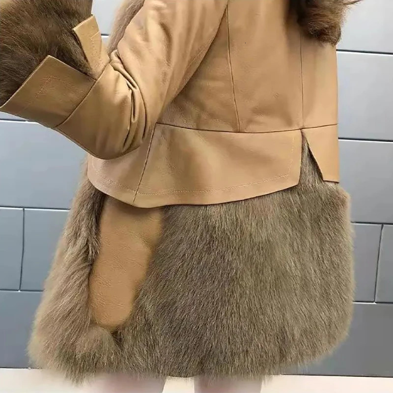 Medium length faux fur jacket for womens winter PU leather patchwork fur coat for womens long sleeved thick warm fur coat 241210