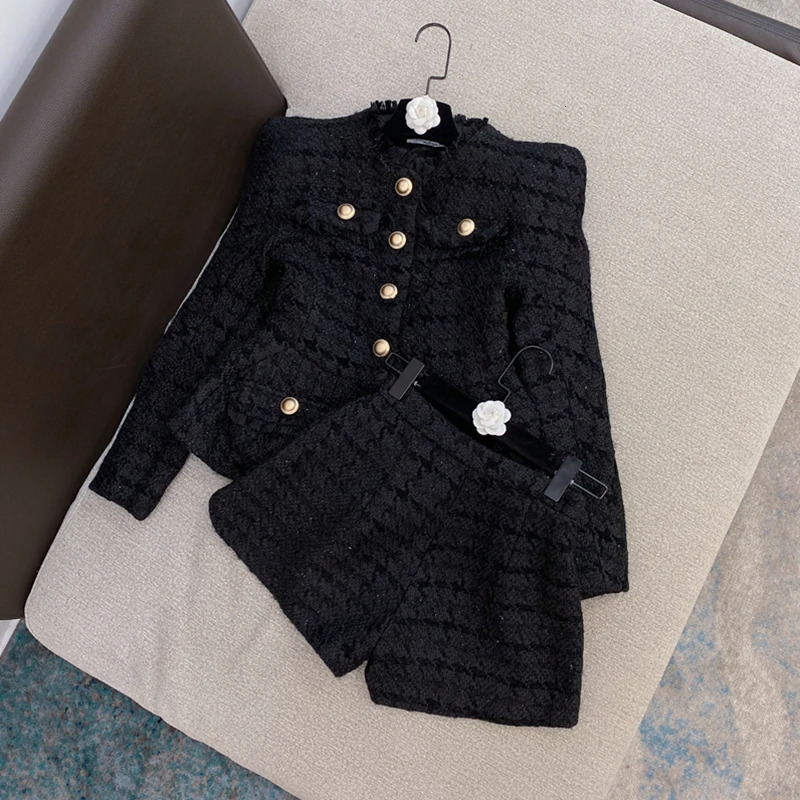 HIGH STREET ner Runway Suit Set Womens Gold Buttons Tweed Jacket Shorts 241211