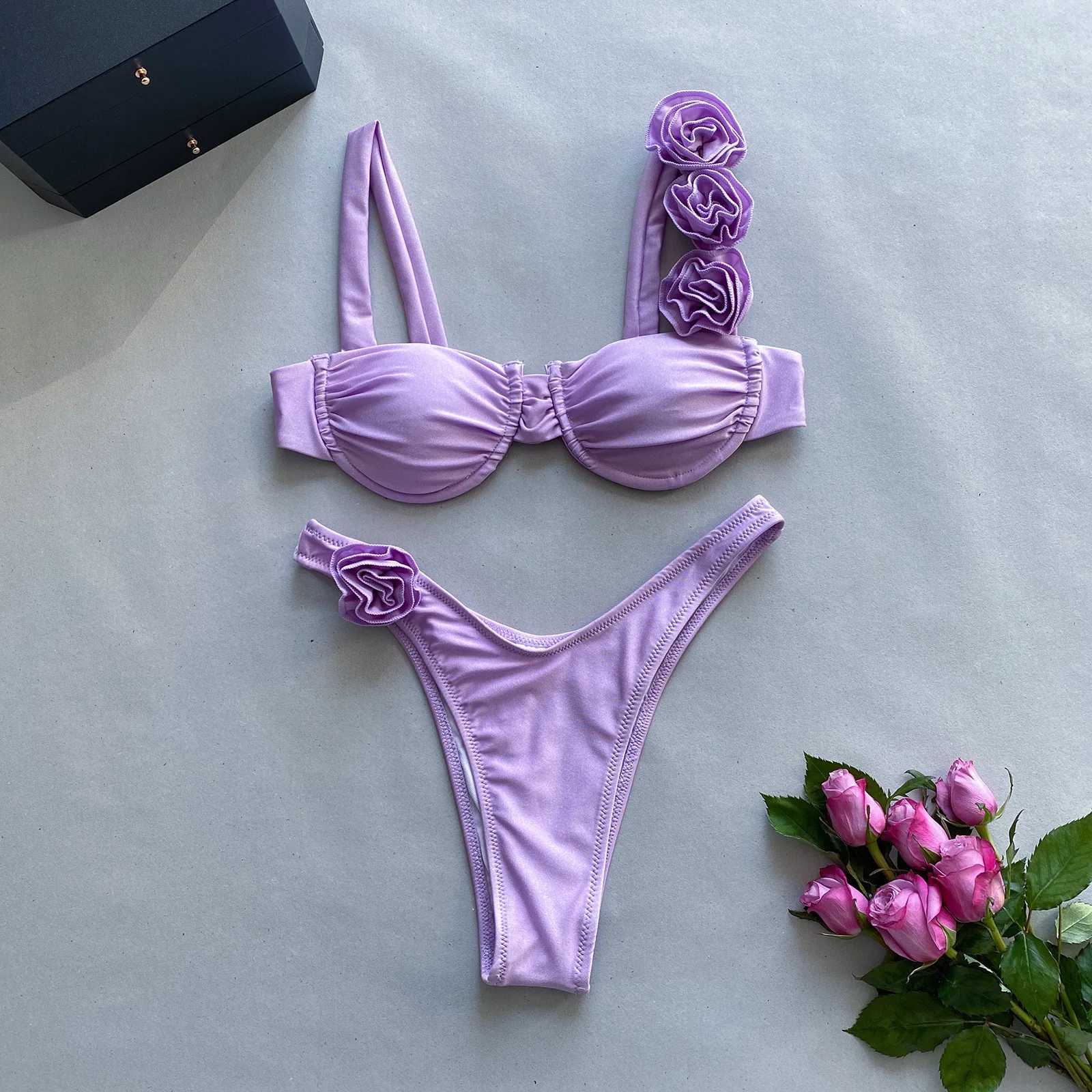 2024 new bikini ropean and American bikini steel holder three-dimensional flower split womens swimsuitXJ241212
