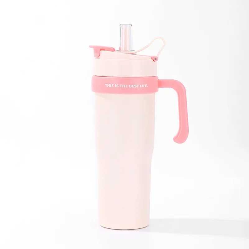 900ml stainless steel inflatable water bottle large capacity hot cup hot coffee cart cup hot and cold GS with handle straw Y241211