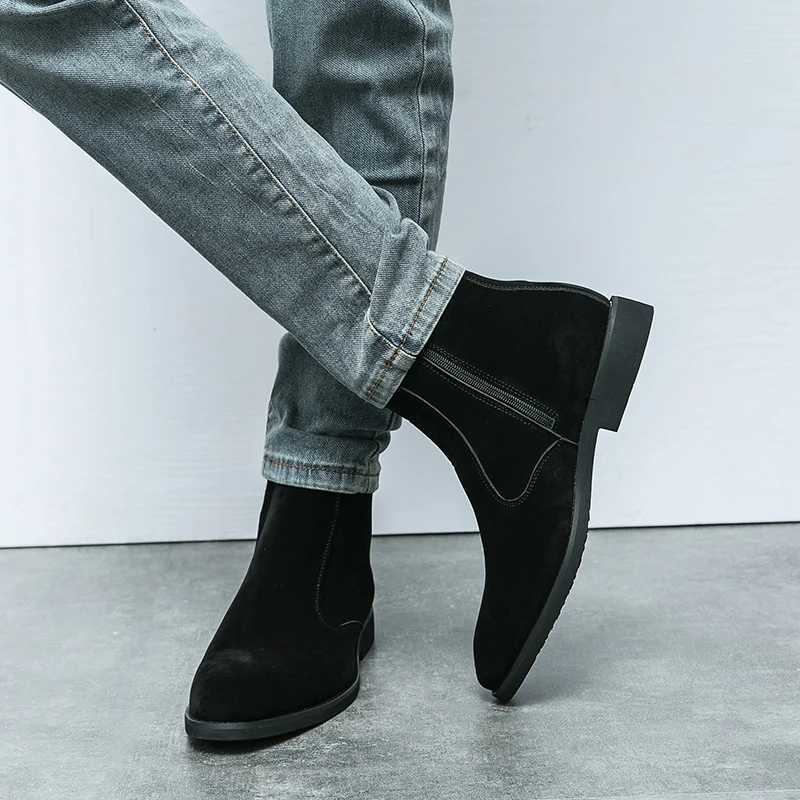 Chelsea Boots Men Faux Suede High Top Solid Low Heel Side Zipper Business Formal Boots Professial Classic Fi Denim BootsXJ241212