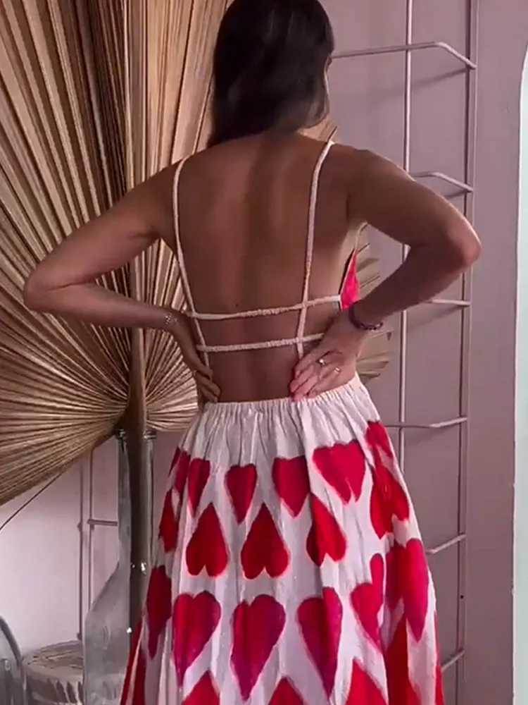 Urban Sexy Dresses Elegant Love Printed Hollow Out Sling Dress Women Sexy V Neck Slveless Backless Lady Dresses 2025 Summer Lady Party Beach Robe Y241
