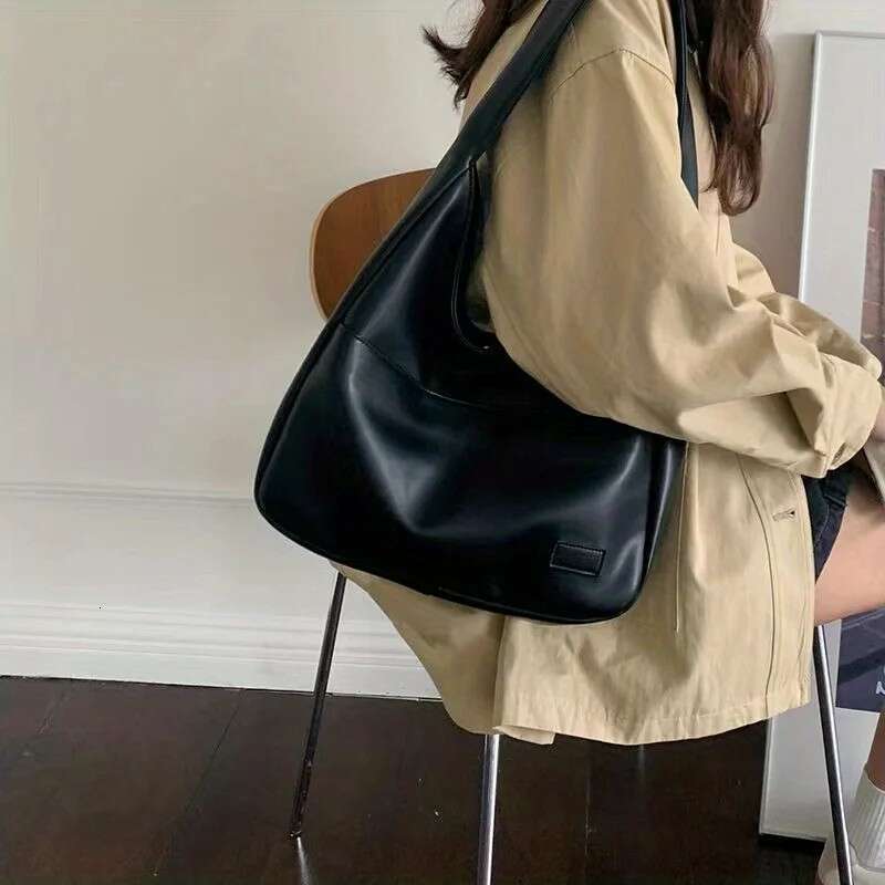 Women's Hobo simple PU leather solid shoulder bag, fashionable large capacity handbag, suitable for school assignments,-ll