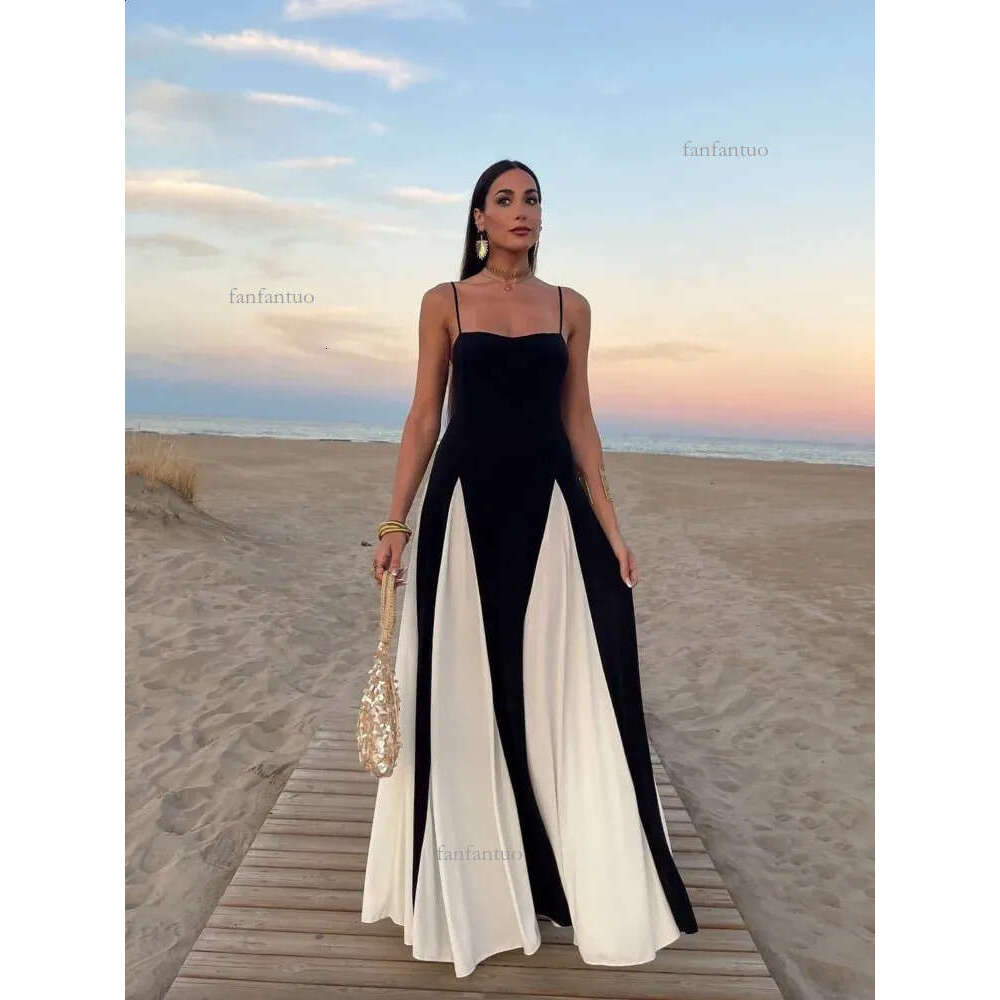 Elegant Black White Contrasting Women Sling Dress Fashion Backless Sleeveless High Waist Maxi Dresses Female Party Aline Robes 240826
