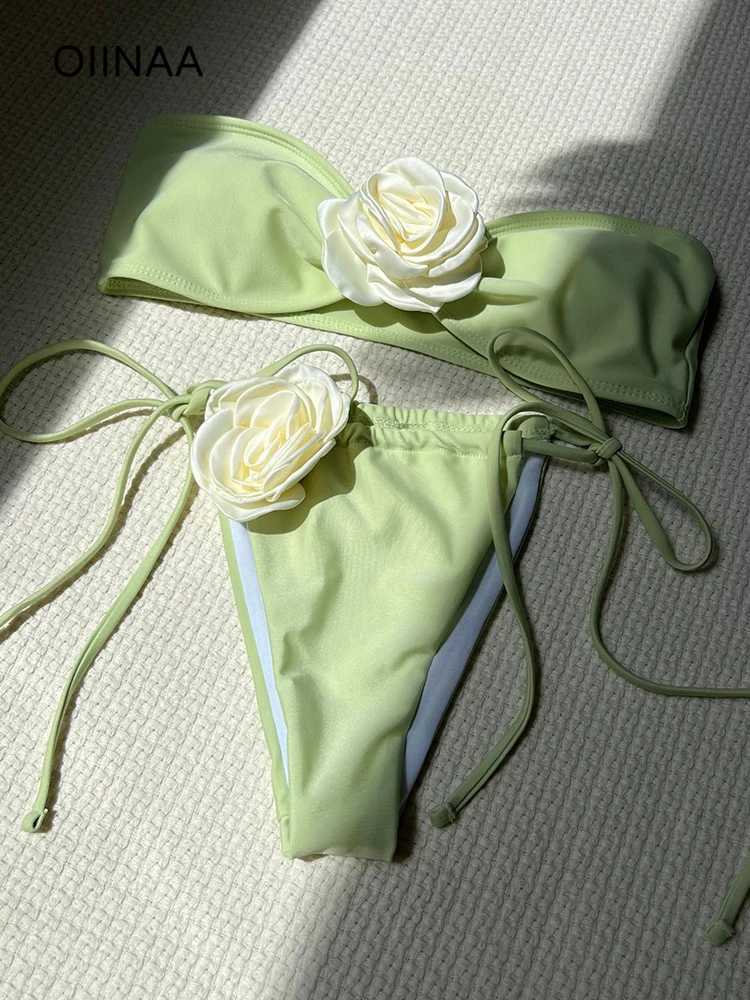 OIINAA Swimsuit Women Sexy Soild Color Bikini Set 3D Floral Swimwear Split Strapss Two-Piece Biquini Lace Up Bathing Suit 2024XJ241212