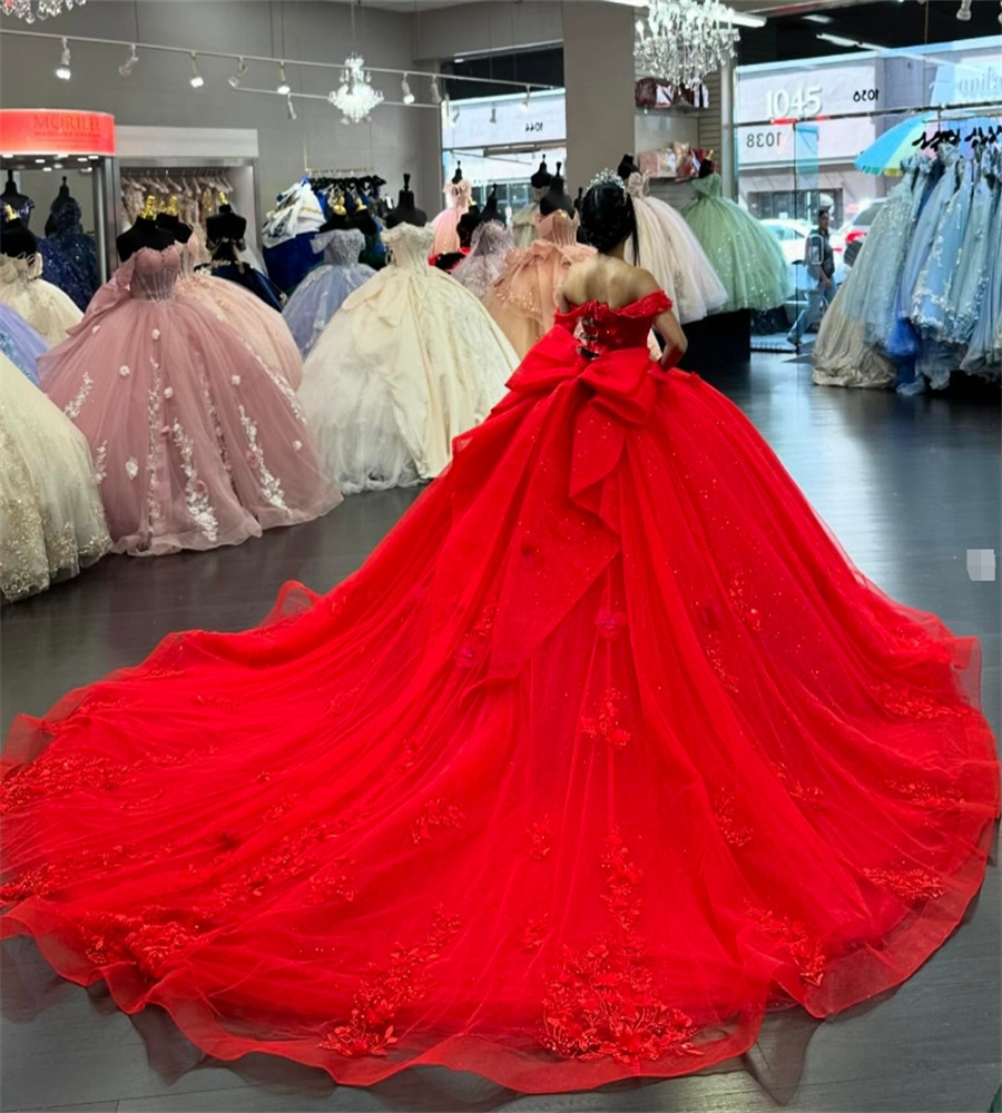 Princess Red Quinceanera Dresses Ball Gown Florals Lace Vestidos De 15 Anos Luxury Lace Bow Plus Size Birthday Party Puffy Elegant Formal Vestio Fiest