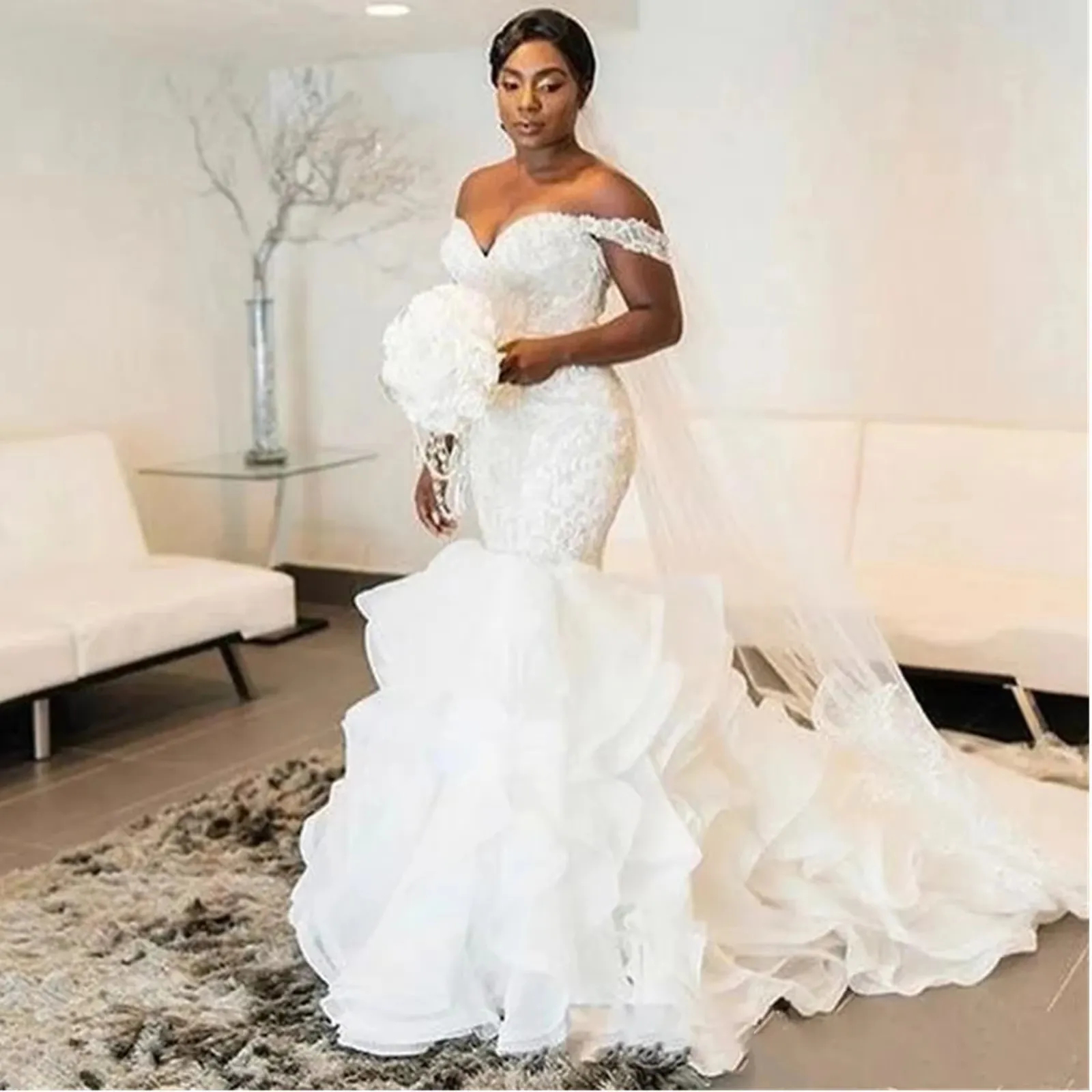 Exquite Ruffles White Mermaid Wedding Dresses Off The Shoulder Beaded Lace Appliques Long Bridal Gowns Tiered Long Train African Bride Formal Wear 202