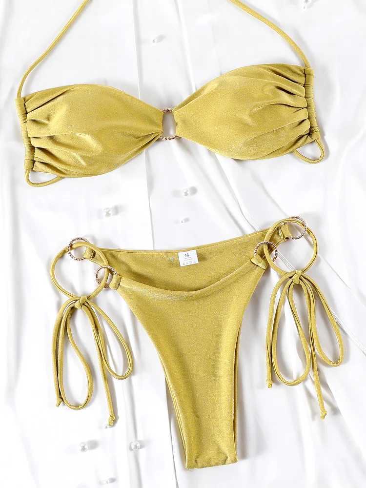 Halter Bikinis Sexy Swimsuit Women Solid Color Swimwear Hollow Out Bikini Set Two Piece Suit Summer Bathing SuitsXJ241212