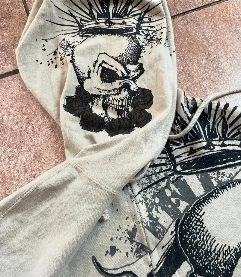 Y2K Harajuku Large Skull Pattern Printed Sweater Mens Street Retro Hip Hop Pop Casual Sports Hoodie 241211