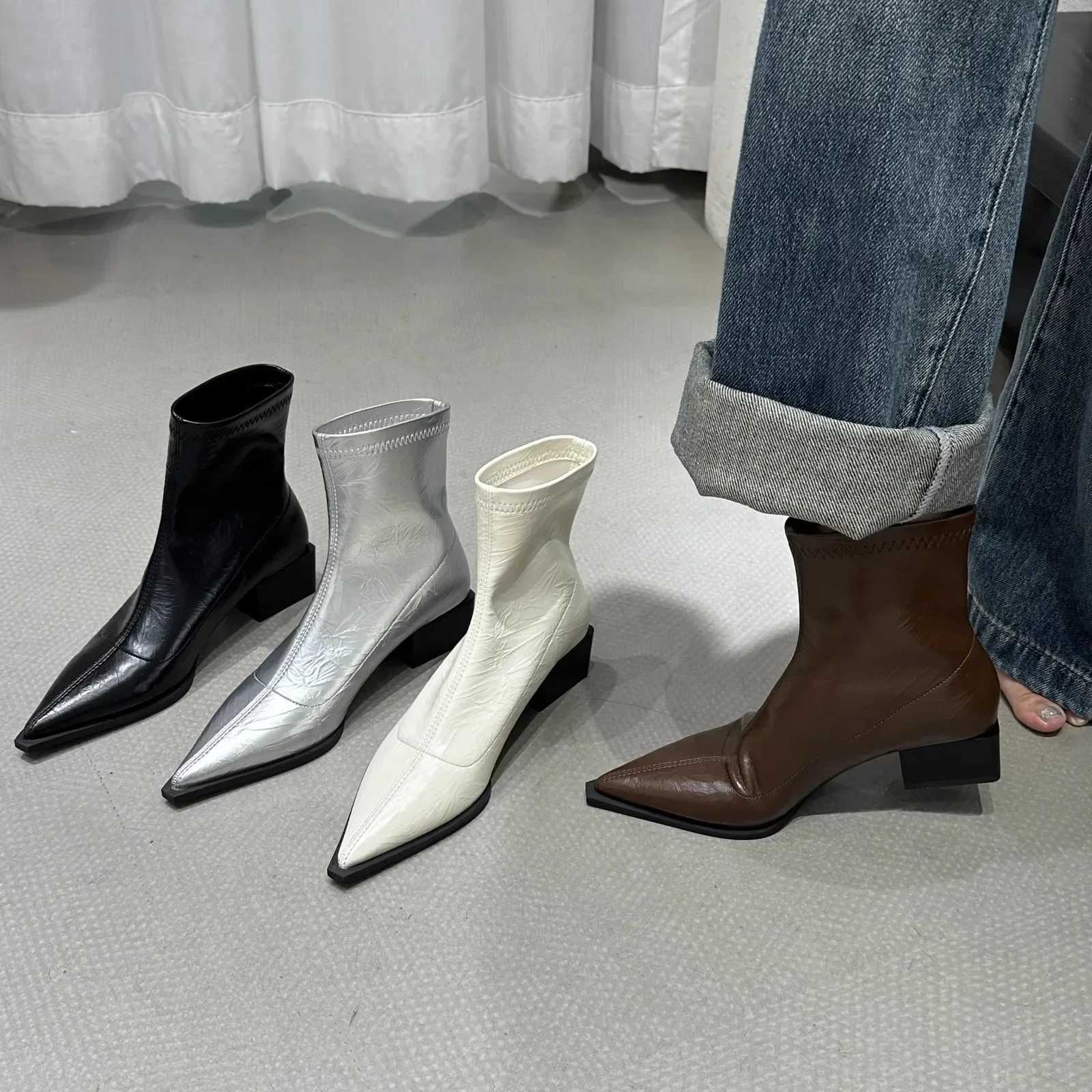 Autumn Women Ankle Boots Shoes Fi Pointed Toe Ladies Short Boot Square Low Heel Casual Winter Womens Footwear 2024XJ250217
