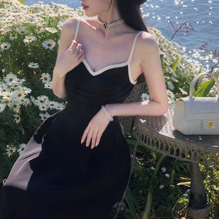J161 Fashion French Elegant High-grade Dress Spring and Summer Large Size Hepburn Style Retro Suspender Long Dress Women