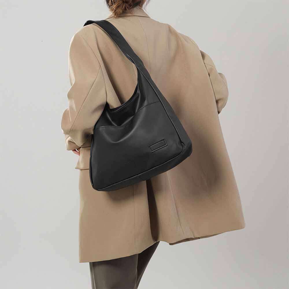 Women's Hobo simple PU leather solid shoulder bag, fashionable large capacity handbag, suitable for school assignments,-ll