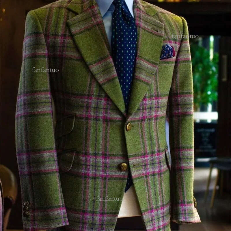 Mens Blazer AutumnWinter Casual Vintage Business Notch Lapel Singlebreasted Flap Pockets Contrast Plaid for Daily Wear 240821