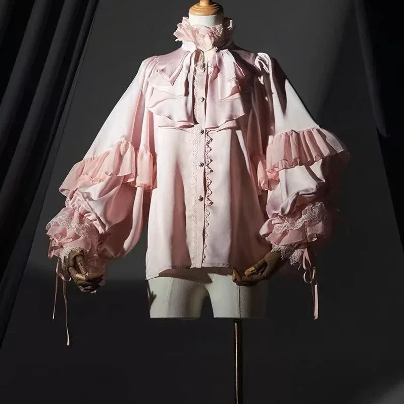 Japanese Kawaii girl cute Lolita lantern sleeves summer Y2K fashion lace patch work shirt top women JK loose blue shirt 241211