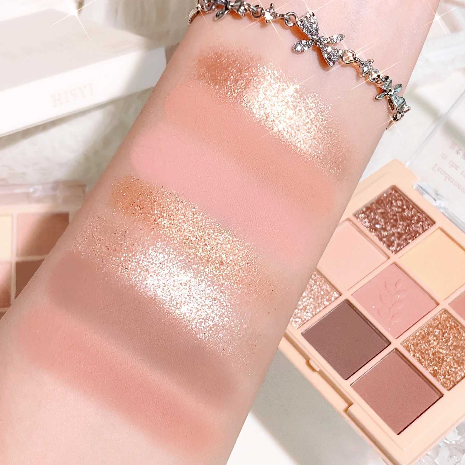 9 color eyeshadow tray matte lescent glitter nude brown earth eyeshadow easy to apply color is not easy to remove makeupW241212