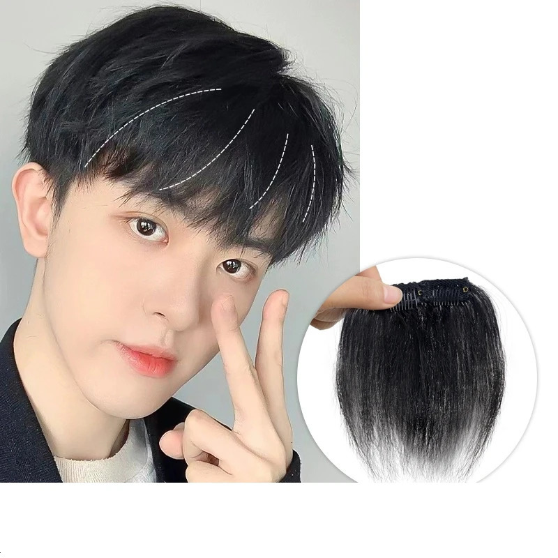 Ayunhe Mens Bangs Human Hair Bangs for Men Clips on Hairline Natural Real Hairpieces Add Forehead Hair Patches Black Dark Brown 241212