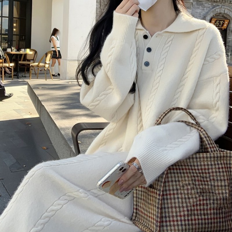L9232 European and American high-end mid-length knitted dress for women in autumn and winter, large size, thickened and loose bottoming sweater dress