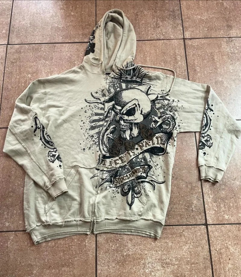 Y2K Harajuku Large Skull Pattern Printed Sweater Mens Street Retro Hip Hop Pop Casual Sports Hoodie 241211