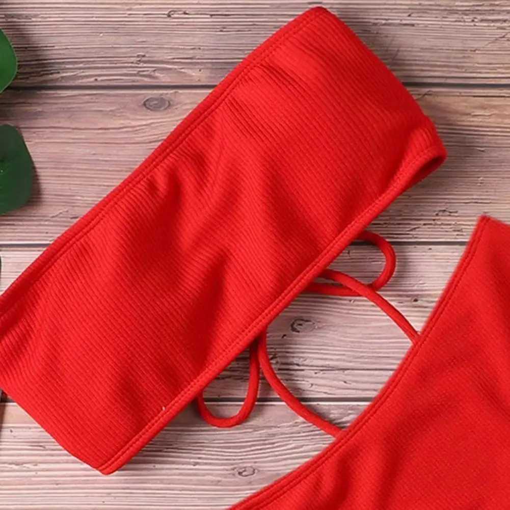 1 Set Women Two-Piece Suits Solid Color Chest Pad No Underwire Lady Swimwear Elastic High Waist Swimming Trunks Split Bikini SetXJ241212
