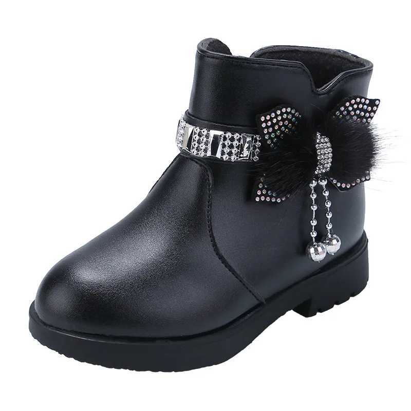 Boots Girls Children Princess Shoes with Butterfly Knot Soft Sole High Top Studded Kids Casual PU Leather Pure Color H241212T8QQ