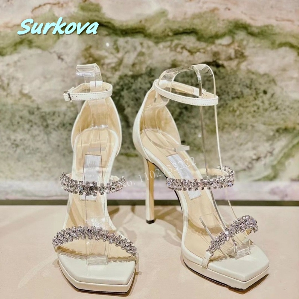 Sier Liquid Metal Sandals With Crystal Straps Solid Women Stiletto Leather Sole Square Toe Fashion Daily Party Commuting Shoes