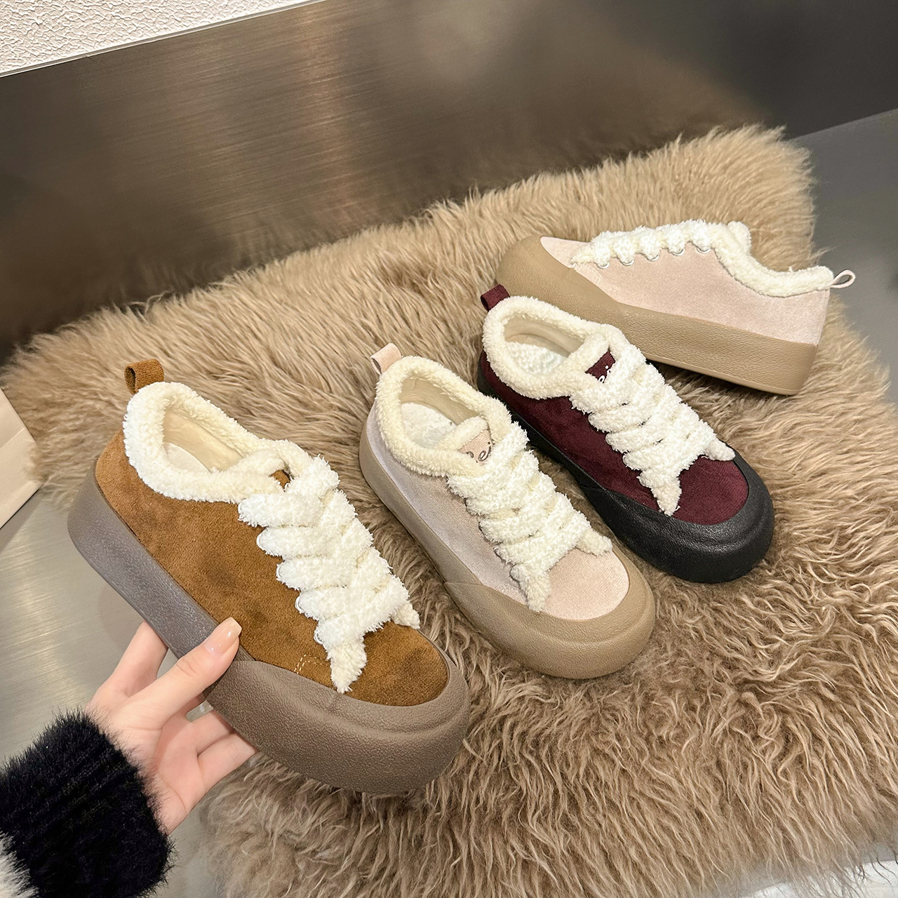 Women Casual Shoes:Thick Sole Warm Cotton Shoes Simple Style Korean Version Lop-top Versatile,Pink/Brown/Purple,Free shipping