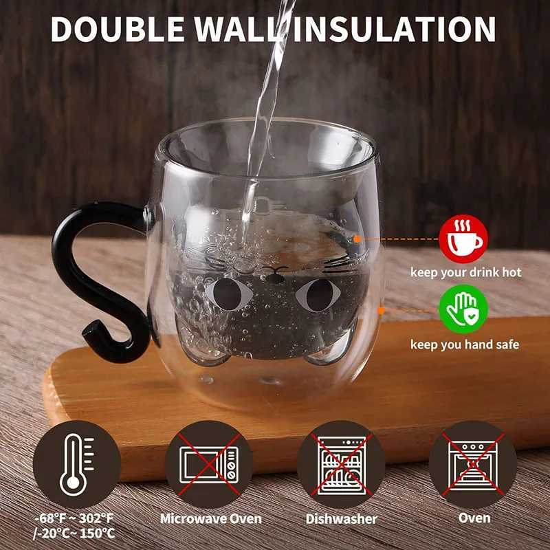Cute dual wallet coffee cat g with handle Kawaii cat with lid teacup cute cat lover birthday gift Y241211
