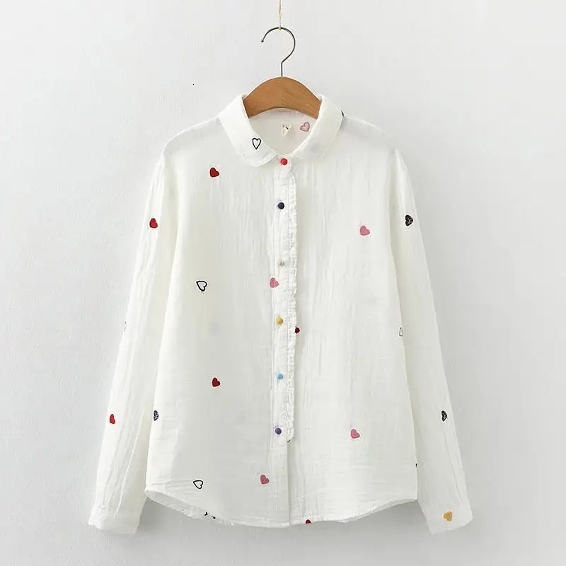 Autumn Collar Printed Casual Long Sleeve Loose Top Womens Fresh White Blue Shirt 241211