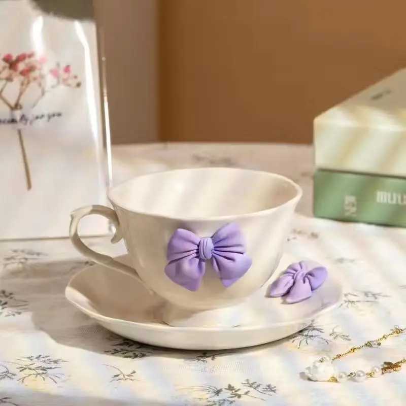 White ceramic coffee cup sauce Exquisite Bow g English Afternoon lia Flower Tea coffee cup breakfast g birthday gift Y241211