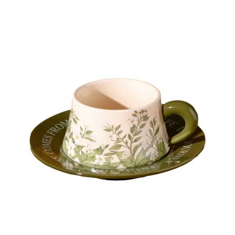 Ceramic GS vintage hand-painted coffee cup green bell orchid cup and sauce kitchen board afternoon tea beverage g Y241211
