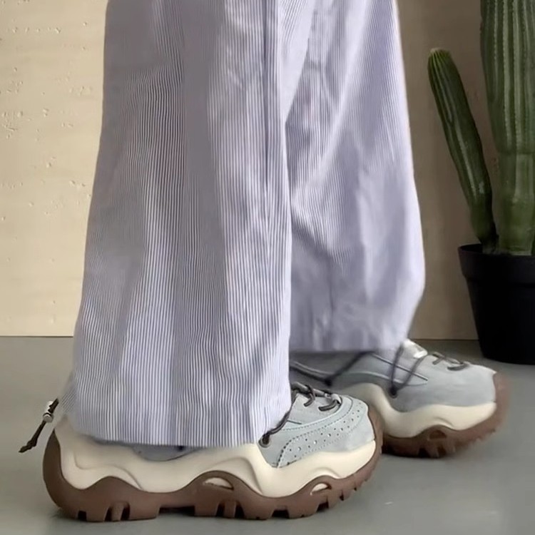 Women Sports Shoes:Thick Sole Increase Height Chunky Leather Seasons Retro Casual Style Running Shoes Training Sneakers,Blue/Brown,fashion