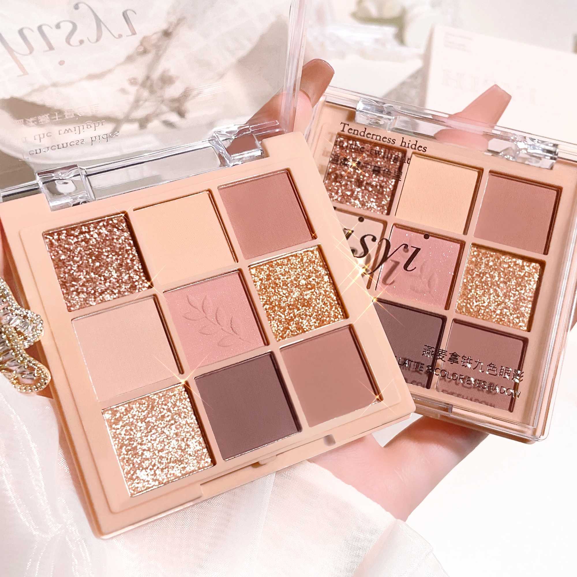 9 color eyeshadow tray matte lescent glitter nude brown earth eyeshadow easy to apply color is not easy to remove makeupW241212