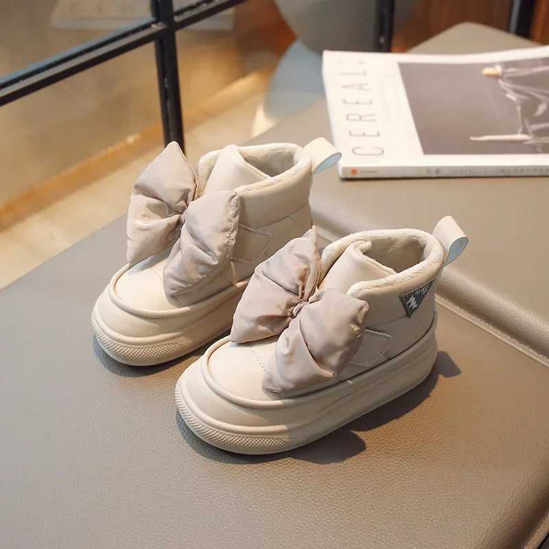 Boots Girls Bow Hook Loop Versatile Soft Princess Shoes Autumn Winter New Children Fashion Kids 2024 Non-slip H241212SY4A