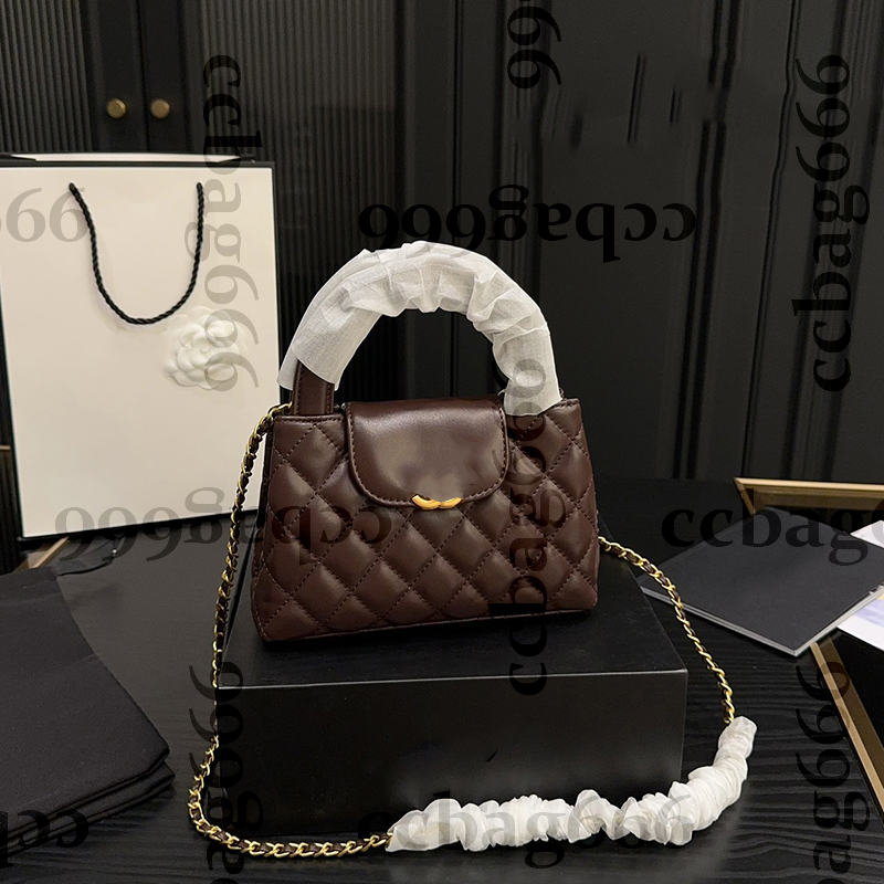 23K Womens Designer Shoulder Bag Calfskin Diamond Plaid Gold Metal Hardware Matelasse Chain Crossbody Handbags Turn Buckle Top Handle Totes Makeup Purse 18x12cm