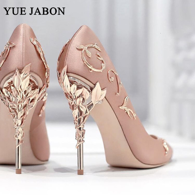 Leaves Metal Heel Pumps Women Pointed Toe Blue White Pink Black Silk Stiletto High Heels Wedding Bride Shoes 10Cm