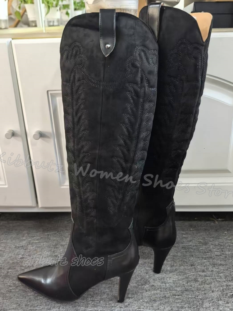 Totem Cowboy Knee High Boots Vintage Concise Elegant Fashion Slip-On Pointed Toe Thin Heels Women Shoes New Solid Color