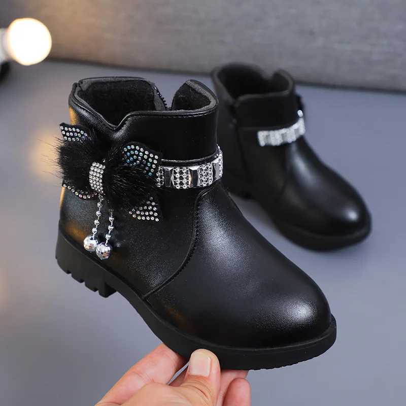 Boots Girls Children Princess Shoes with Butterfly Knot Soft Sole High Top Studded Kids Casual PU Leather Pure Color H241212T8QQ