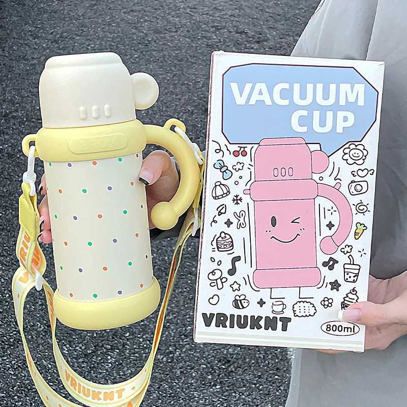 1Pc simple small stainless steel hot cup 800ml girl outdoor travel large capacity direct drinking straw cup easy to use with hand strap Y241211