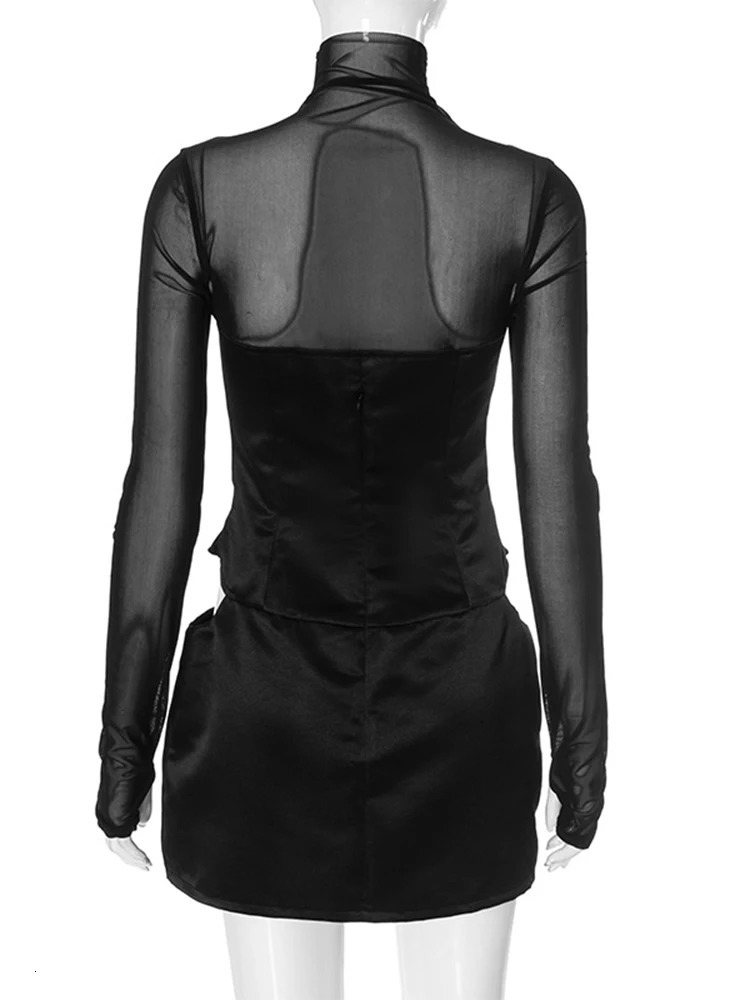 Sexy mesh turtle neck long sleeved satin cut mini dress womens floral tight short club evening dress fashionable party dress 241211