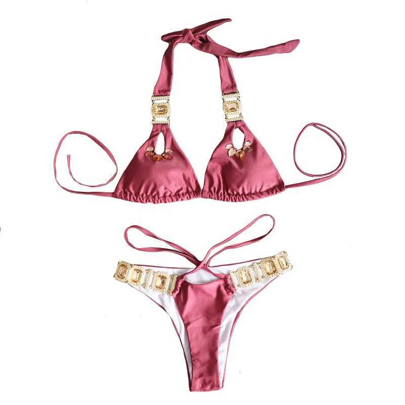 2024 Rhinestone Two 2 Piece Swimsuit Fa Luxury Crystal Sexy Thong String Bikini Set Women Swimwear Beach Wear Bathing SuitXJ241212