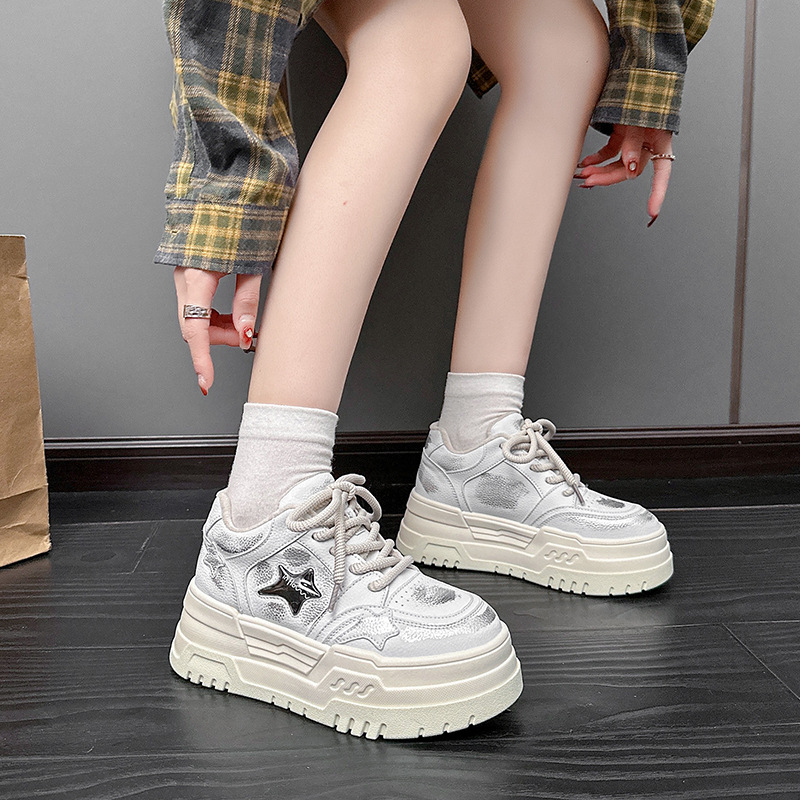 Women Casual Shoes:Thick Sole Increase Height Simple Design Print Star Lace-up Vintage Versatile,Gold/Silver,Free shipping