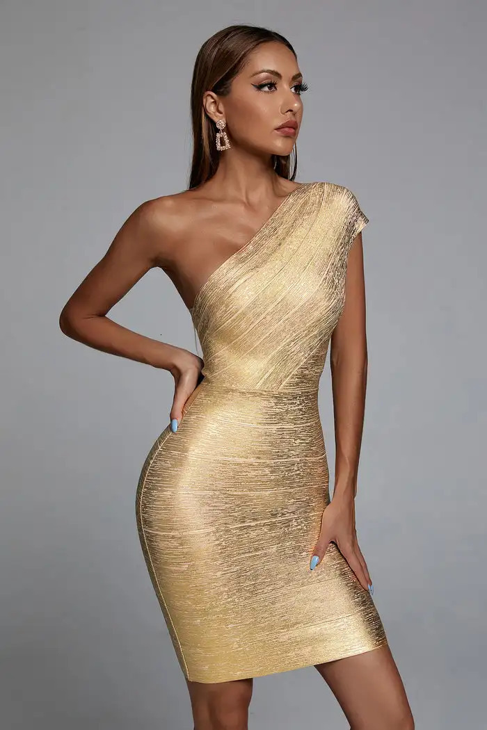 Gold Silver Sexy One Shoulder Bandage Dress for Women Summer Sleeveless Party Club Bodycon Dresses Elegant Vestidos BA091 241211