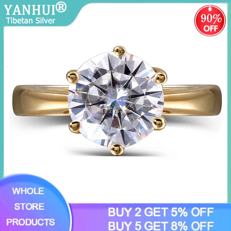 YANHUI Tibetan Silver Gold Color Ring Classic 2ct Zirconia Engagement Wedding Band Fashion 241210