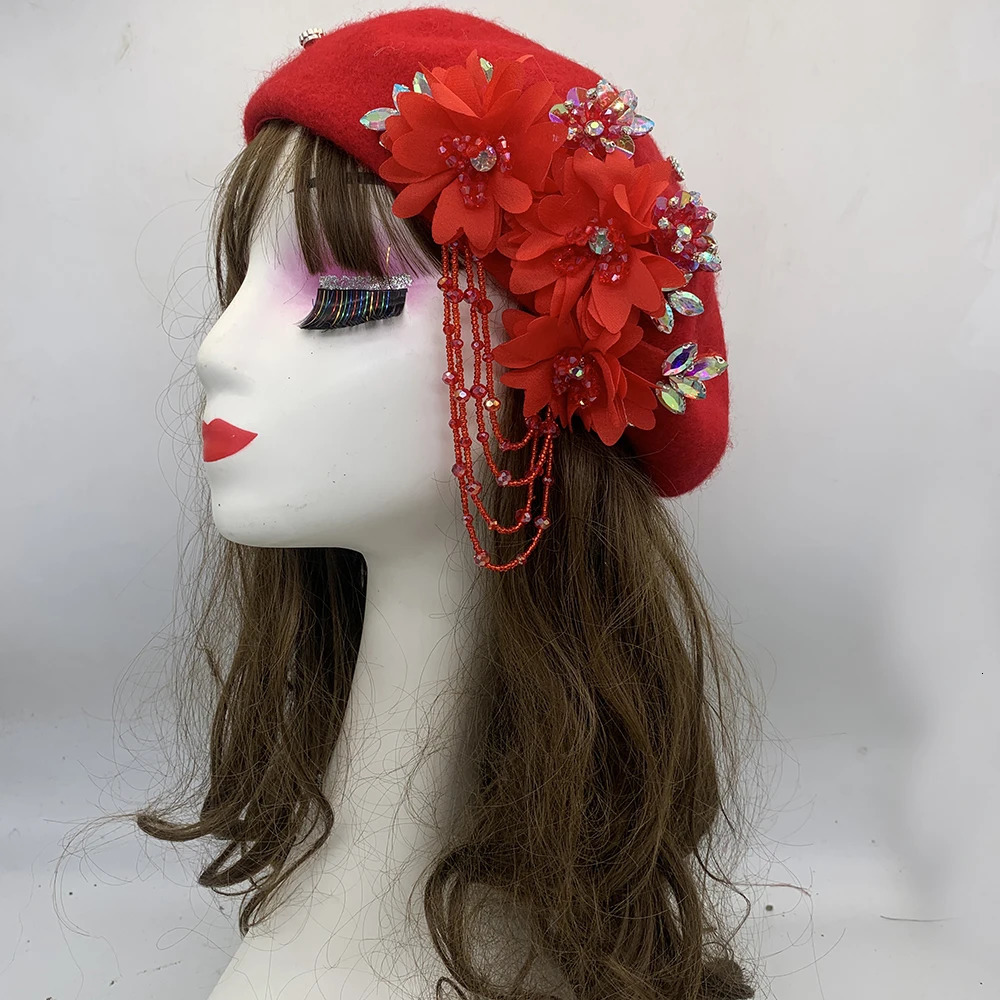 Winter Autumn Womens Beret Hat Flower Diamond Turbo Hat Womens Headbag Cover Turbo Drone 241211