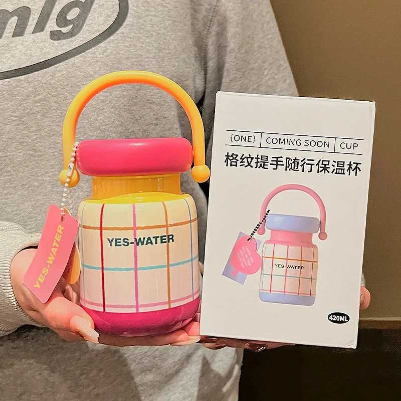 Checkered Handle Accpaning Thermos Cup for WenHigh-lookingFreshStudentPortable Stainless Steel Thermos Cup Y241211