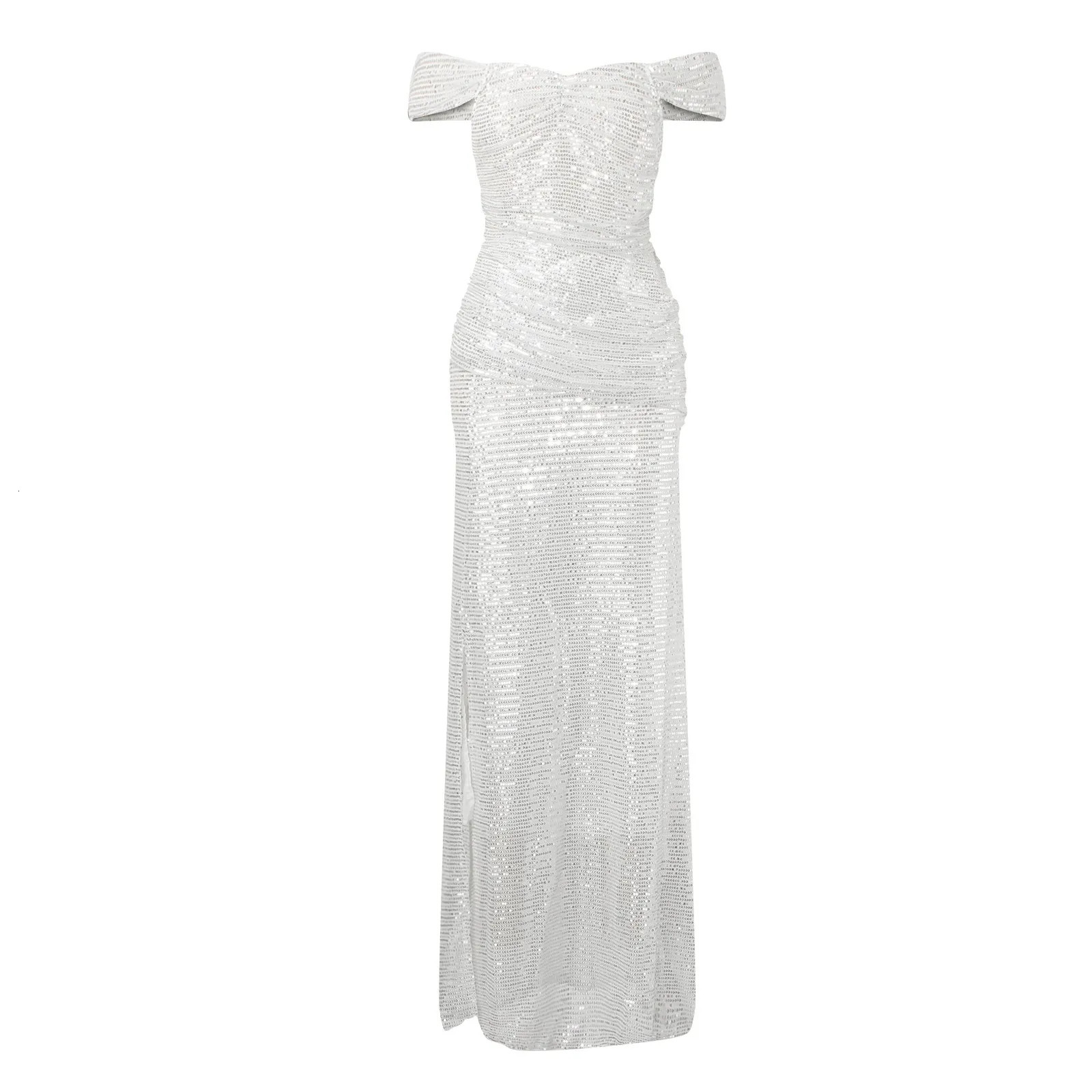 Party Prom Womens Sexy Dress Fashion Sequins Short Sleeve Pure Color Women Off Shoulder High Split Dress Summer Ball Gown 241211