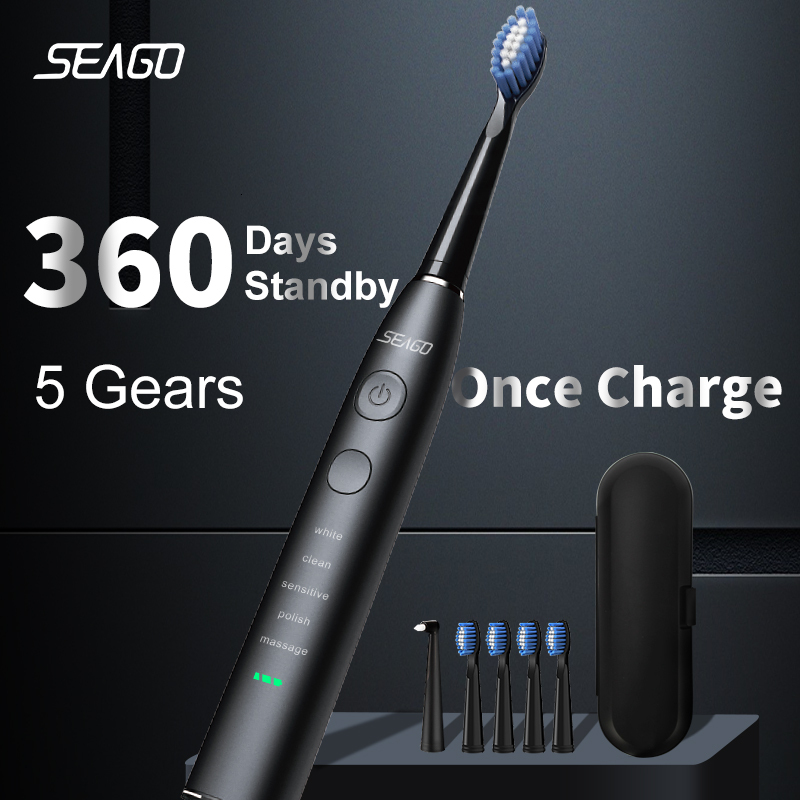 Seago Electric Sonic Toothbrush USB Rechargeable Adult 360 Days Long Battery Life Ipx7 4 Replacement Heads Travel Box Sg-575