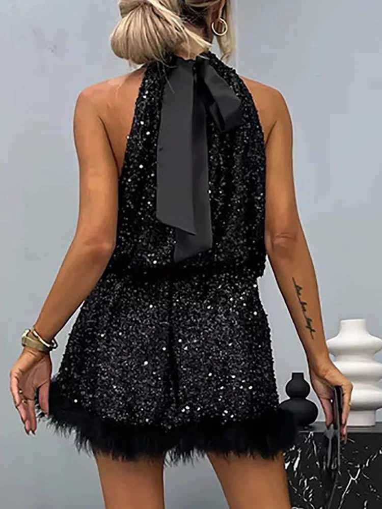 Urban Sexy Dresses 2025 Full Sequins Patchwork Tassel Party Dress Casual Women Summer Off Shoulder Dress Holiday Female Slveless Lacing Up Dress Y2412